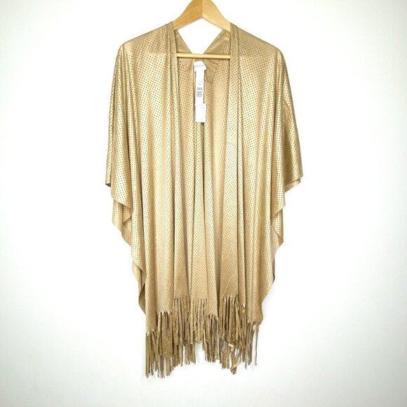NWT Chicos Peyton Perforated Ruana Cover Arabian Camel One Size Tan Fringe Wrap - Picture 1 of 13